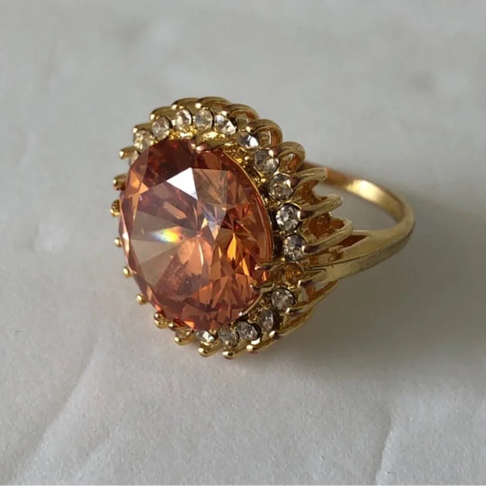 Cocktail Ring Gold Plated w Round Champagne Stone & Surround CZ Stones Sz.7.25
